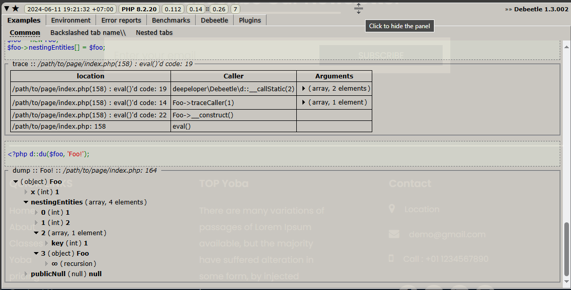 Click to hide the panel, trace & dumping object